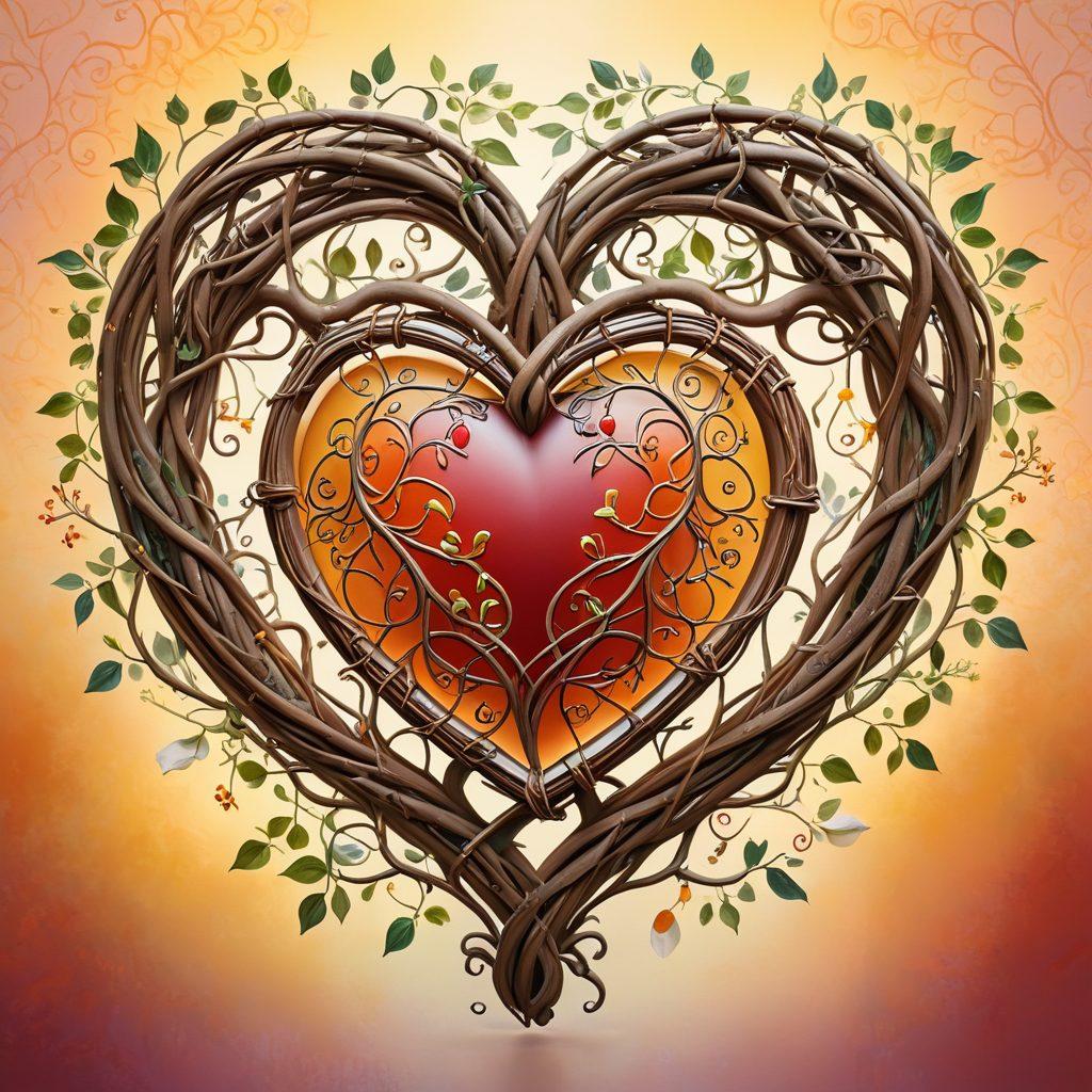 A heart symbol intertwined with a protective shield, representing love and insurance. In the background, a family tree flourishing, symbolizing heritage and legacy. Gentle warm colors radiate warmth, with soft light illuminating the scene. Delicate details of intertwined vines reflecting care and protection surround the heart and shield. elegant illustration. vibrant colors. soft focus.