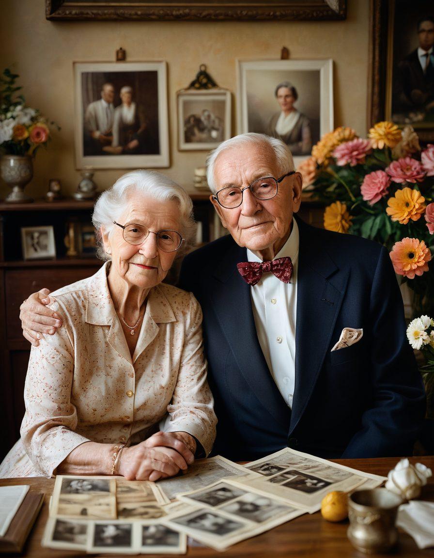 A warm, inviting scene depicting an elderly couple sharing a loving gaze while surrounded by family heirlooms like vintage photographs and documents, symbolizing the intersection of love and heritage. In the background, soft floral motifs hint at growth and protection, while a gentle light bathes the scene, enhancing the emotional depth. super-realistic. vibrant colors. warm tones.