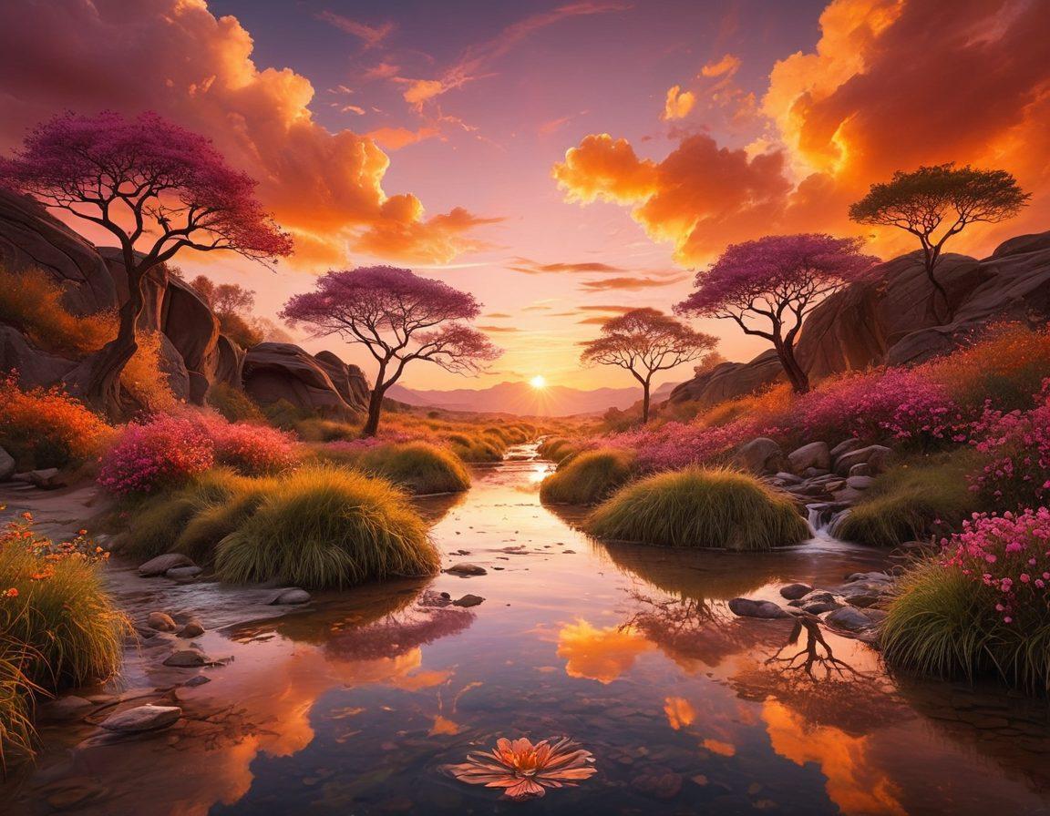 A serene landscape divided into two sides: one side depicting a romantic sunset with soft, warm colors symbolizing love and security, while the other side shows a sturdy shield emblazoned with ancestral symbols, representing protection and risk management. A flowing stream connects the two sides, symbolizing the bridge between romance and emotional safety. Enhance with an ethereal glow around the shield to signify its importance. surreal art. vibrant colors. soft focus.